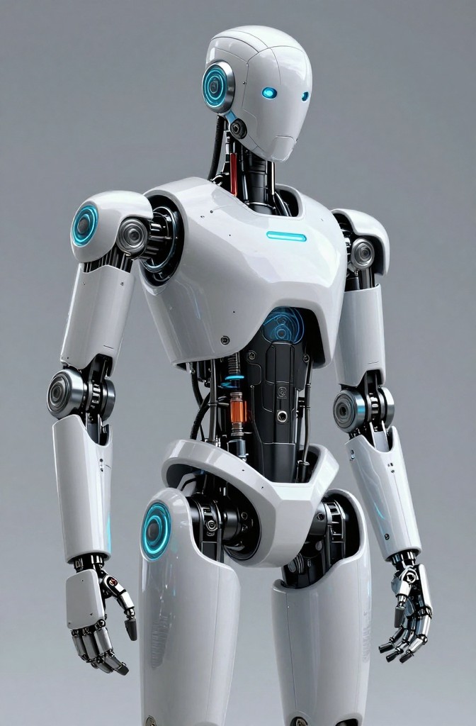 mechanical humanoid robot, cyberpunk aesthetic, co