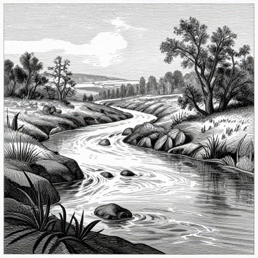 RIVER LANDSCAPE - Line Engraving