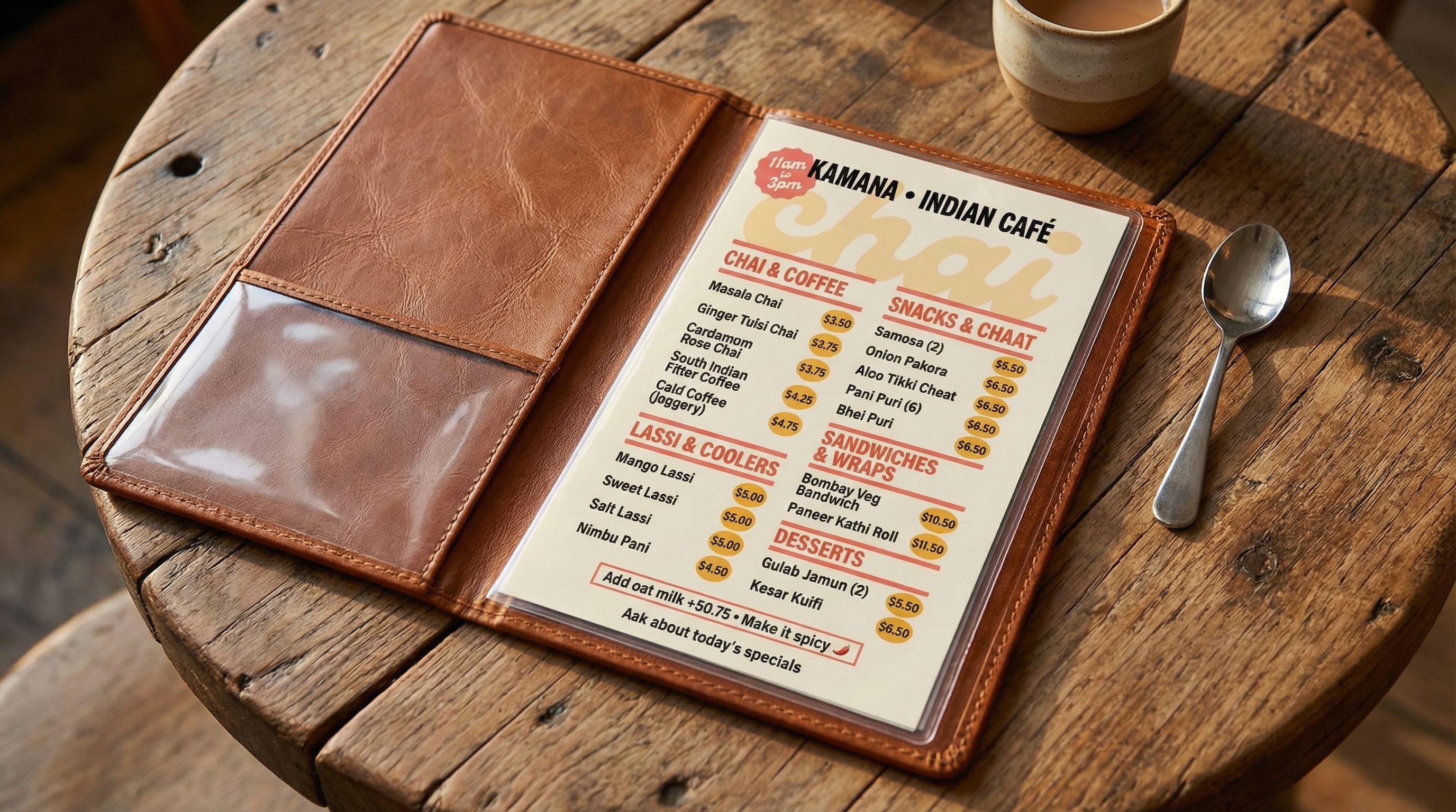 Restaurant menu in leather holder on table