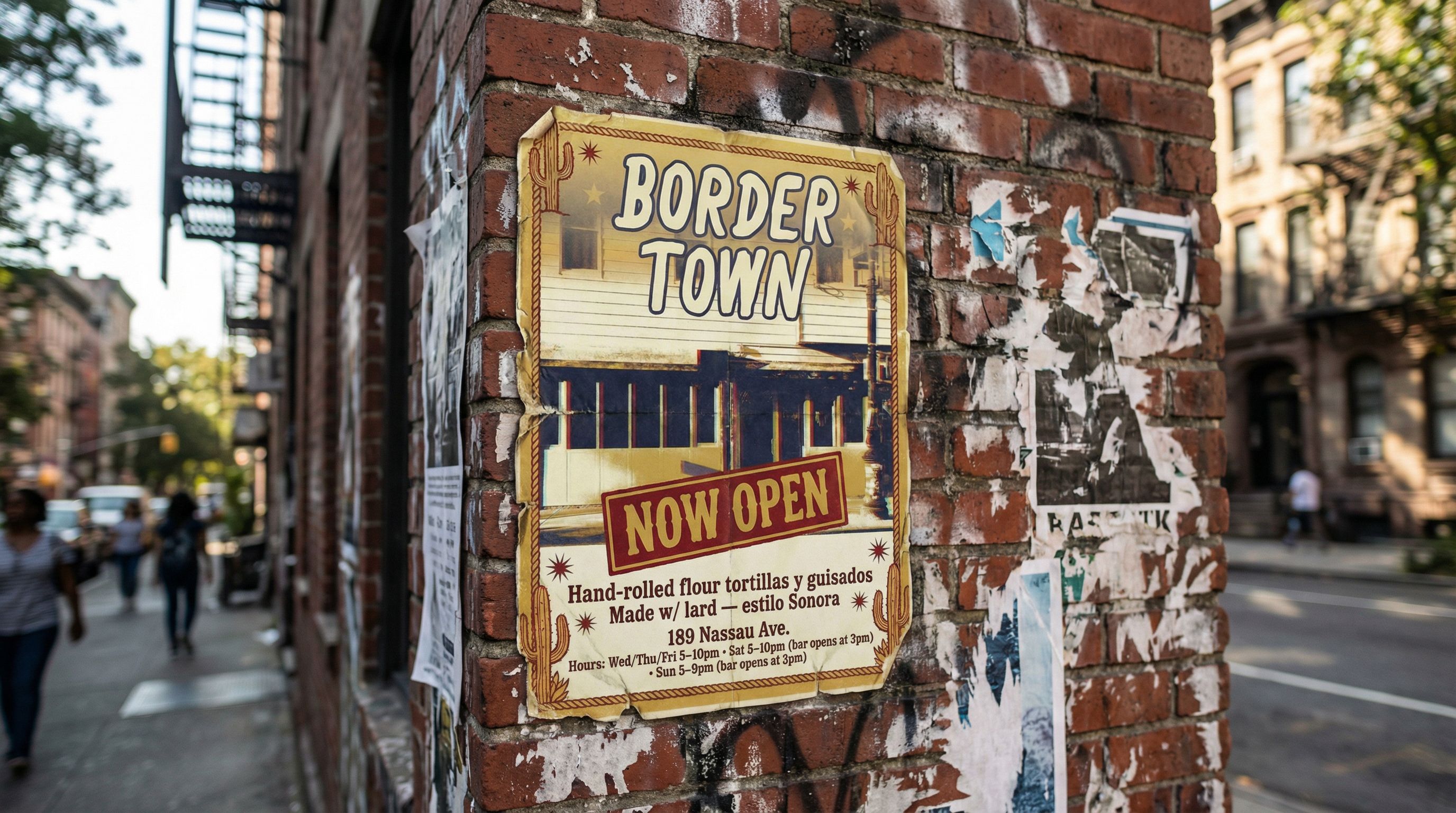 AI-generated flyer posted on a Brooklyn brick wall